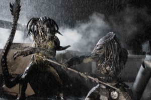 (l to r) The PredAlien and a Predator face off in Aliens vs Predator- Requiem.